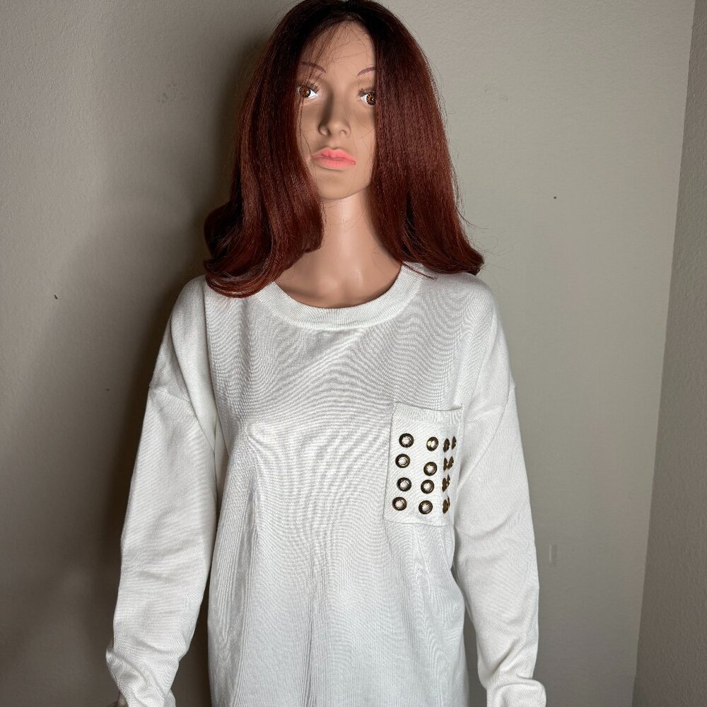 White Sweater by Solution with Gold Accents